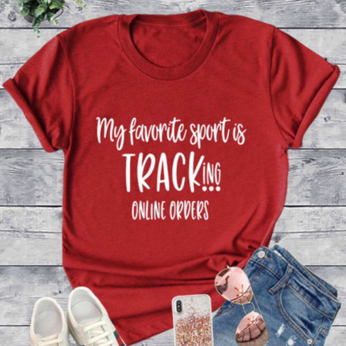My Favorite Sport is Tracking Online Orders T Shirt (Red)