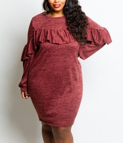 Rust Ruffle Midi Tube Dress (Curvy)