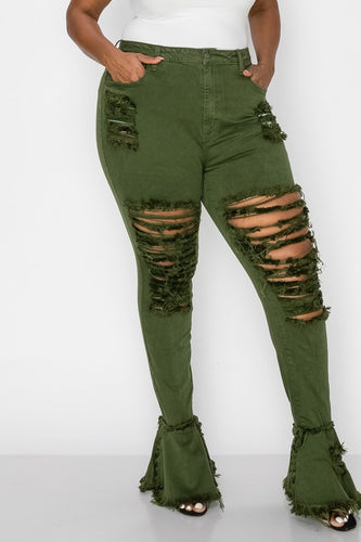 High Waist Distressed Flare Jeans (Curvy)